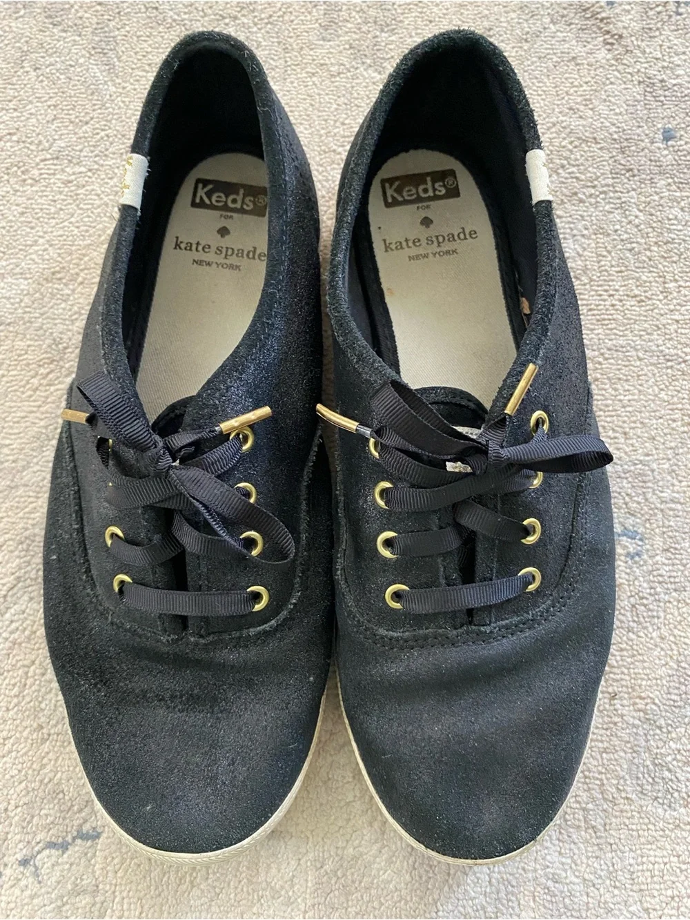 Kate Spade Keds Sneakers Coated Black Gold Hardware 7.5 Metallic Shiny Shimmer